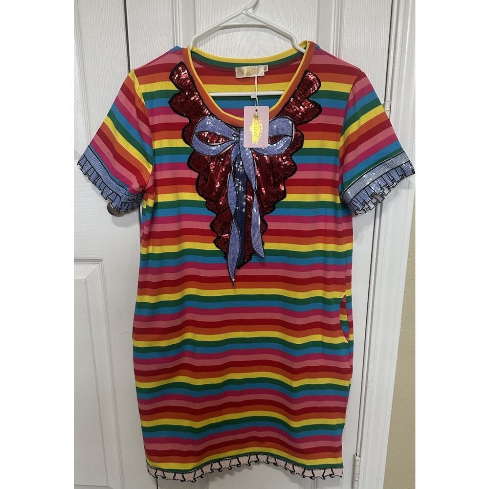 YATIVI Rainbow Striped T-Shirt Dress Sequin Bow Ruffle Collar M Cotton Blend
